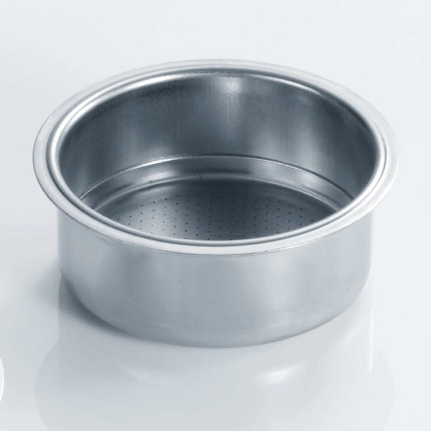 Stainless steel sieve, round, with holes, for kitchen, shiny, empty, clean