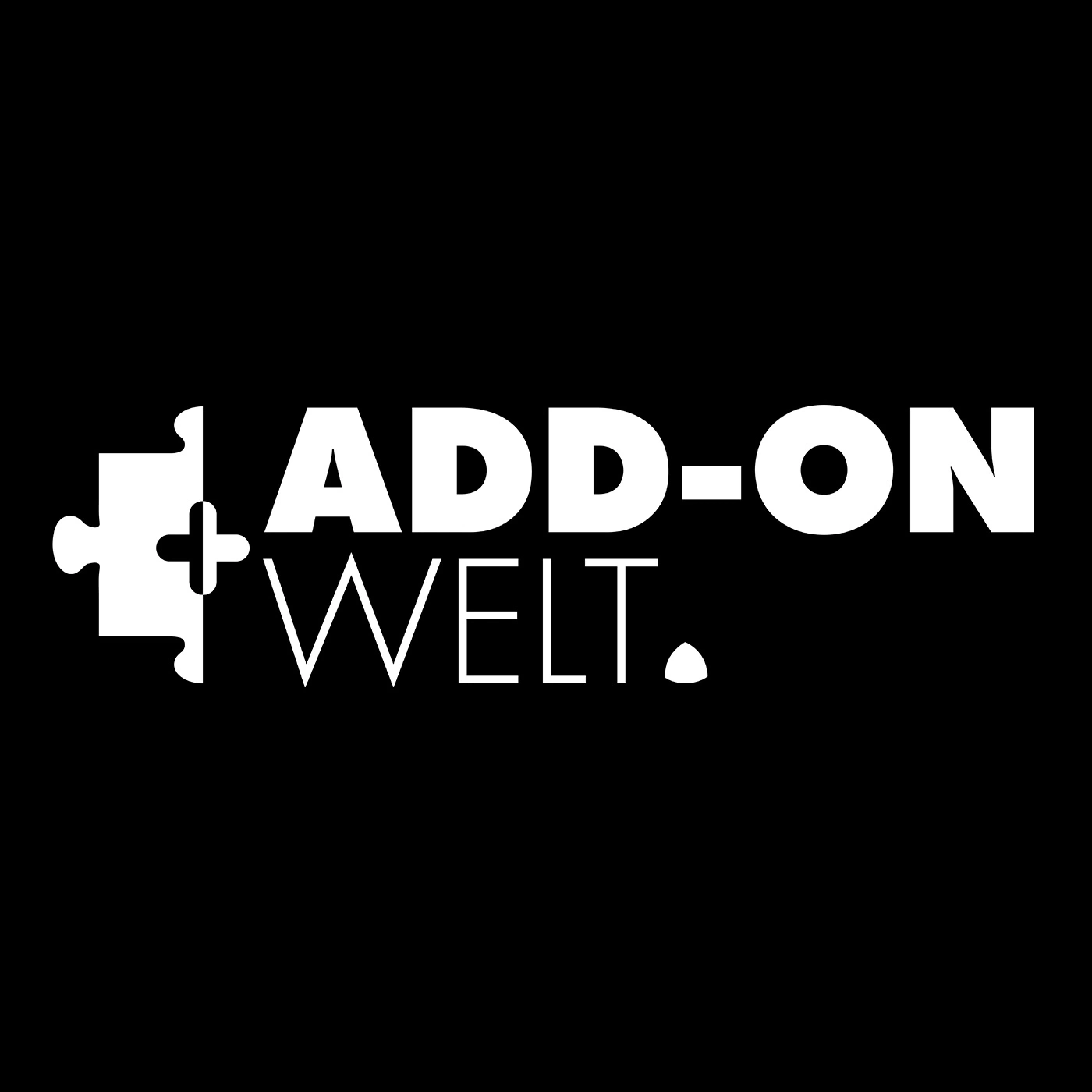 Ein weißes Logo mit einem Puzzle-Teil und dem Text ADD-ON WELT.