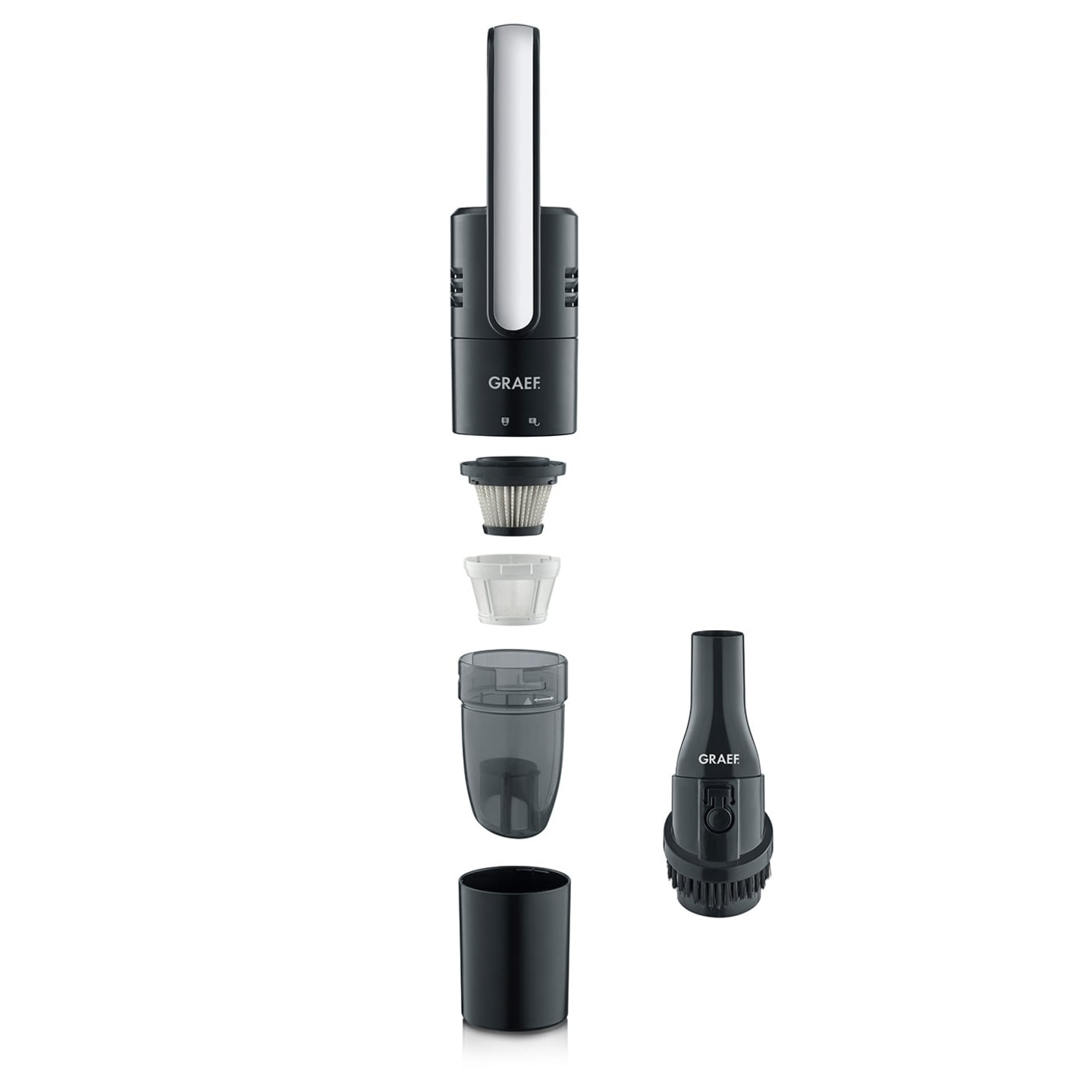 Zerlegter Staubsauger mit Zubehör, schwarz, GRAEF-Logo, Einzelteile