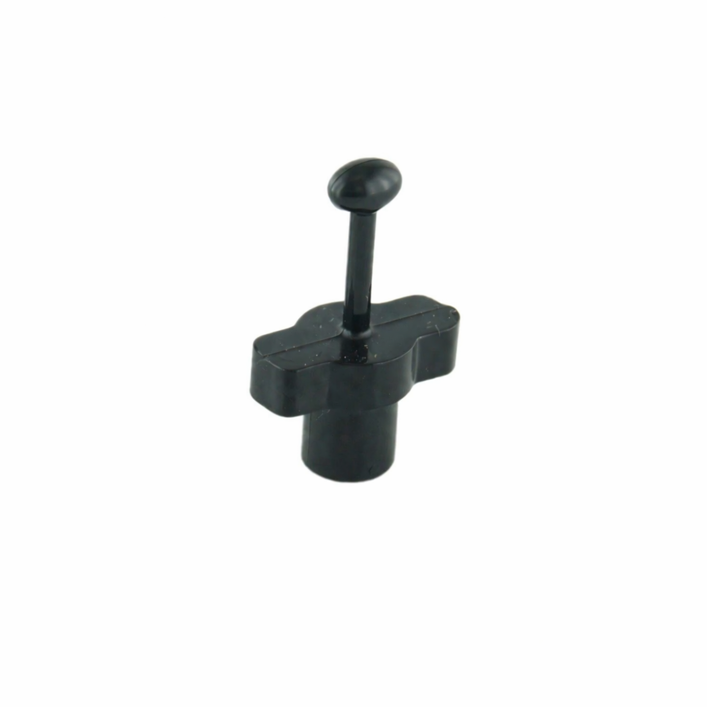 A black plastic handle with a round top