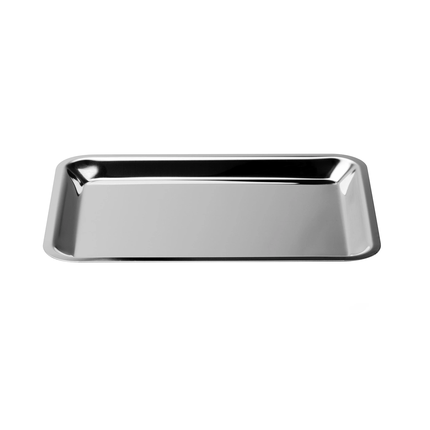 A shiny rectangular metal tray with rounded corners.