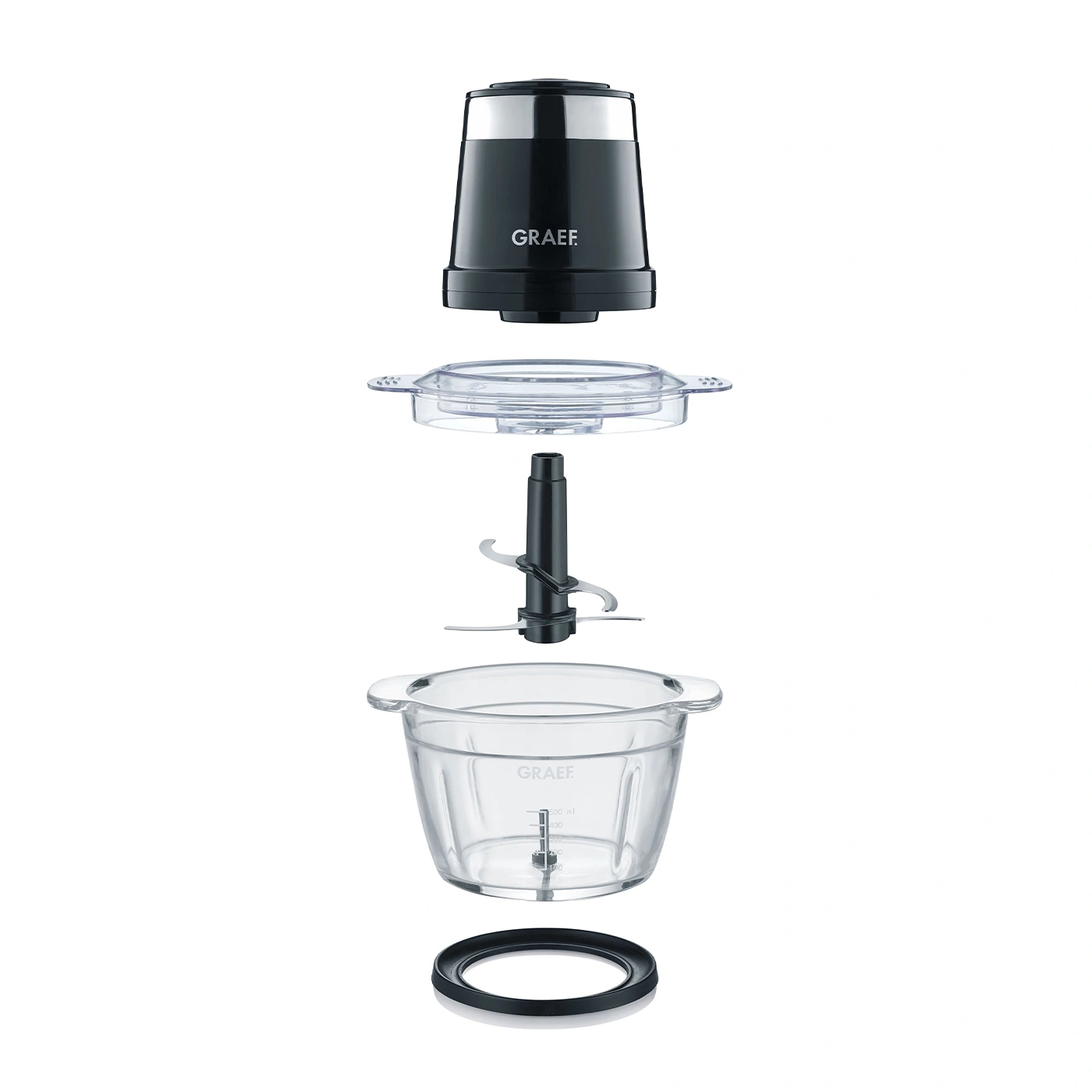 Disassembled kitchen mixer with parts, GRAEF brand, isolated on white background.
