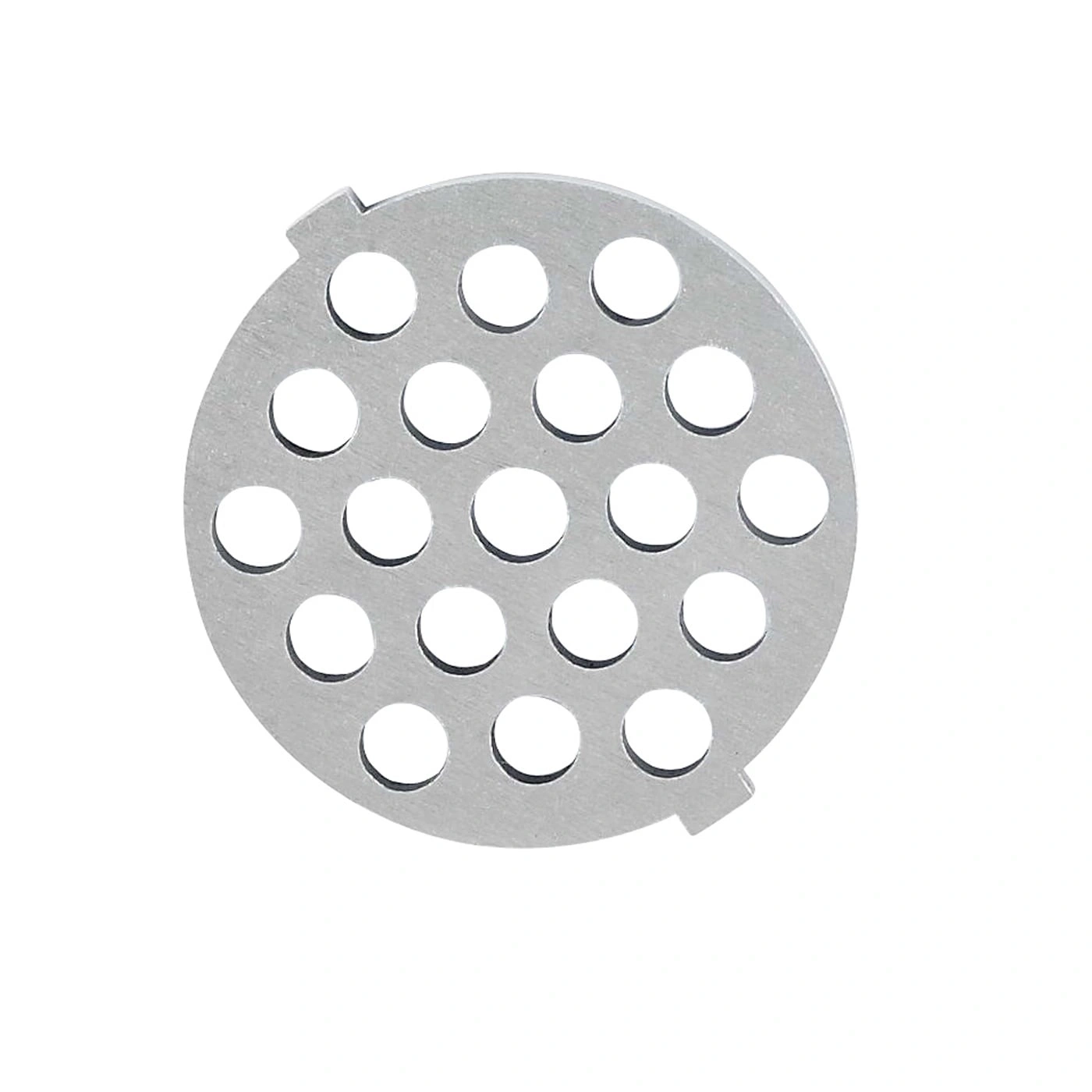 Circular metal plate with holes, kitchen appliance, close-up, isolated on white background