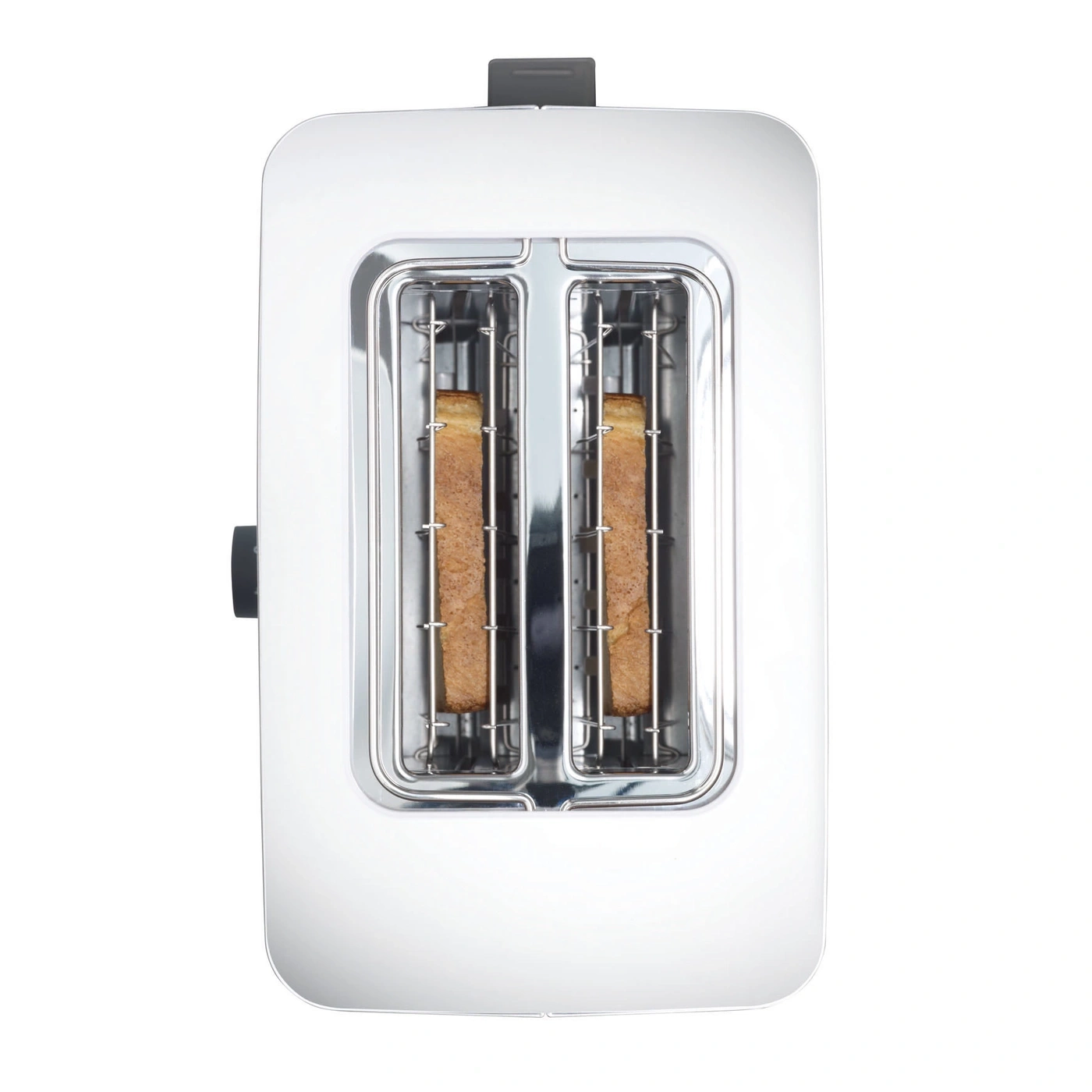 A white toaster with two slices of toast inside, a close-up shot, kitchen appliance.
