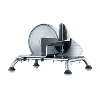 Elektrische Aufschnittmaschine, silberfarben, mit rundem Messer und schwarzem Griff.