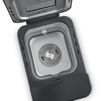 Bread maker, open, interior view, heating coil, baking pan, lid, detail shot, close-up