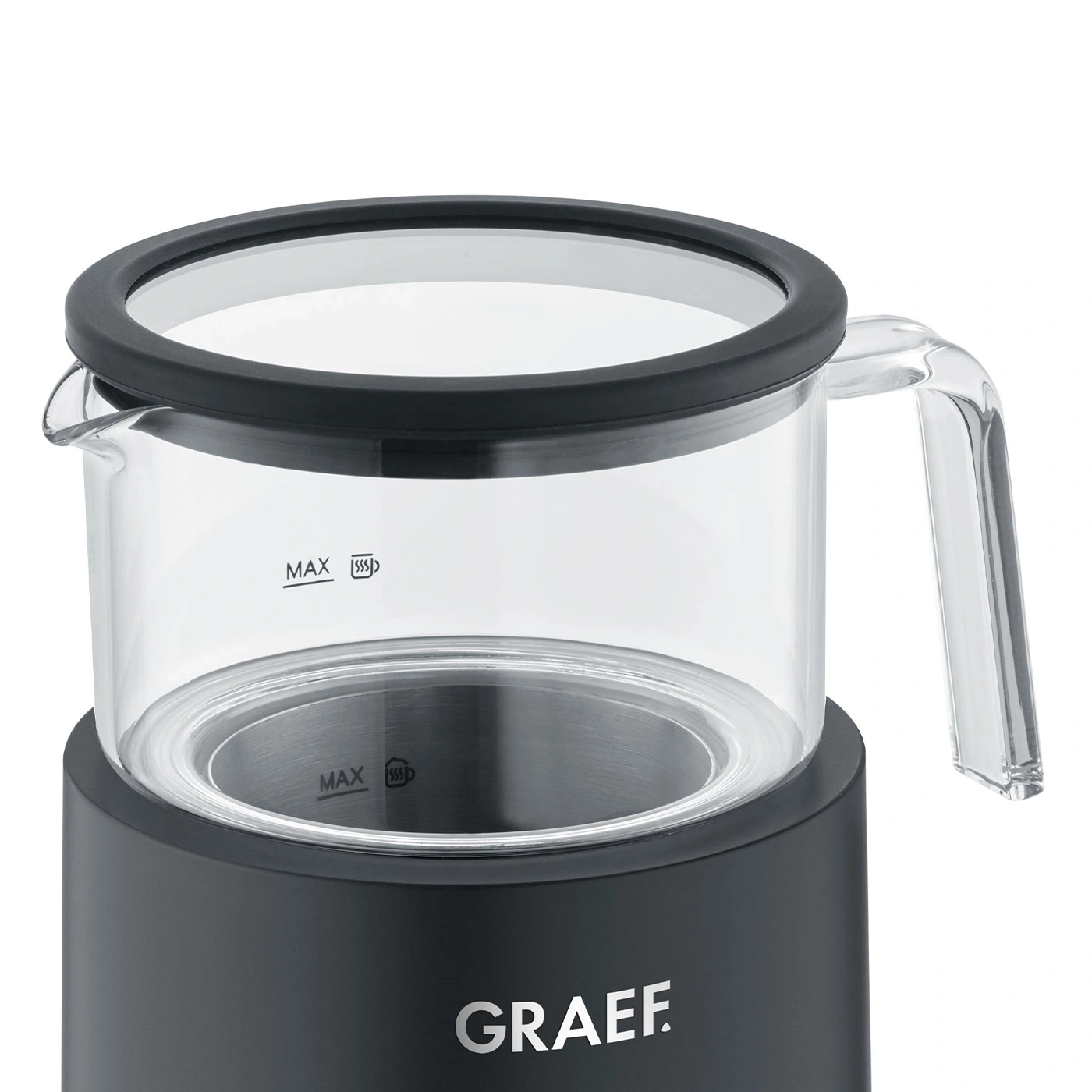 Kaffeemaschine mit Glaskanne und Griff, MAX-Markierungen, GRAEF-Logo, schwarzer Sockel