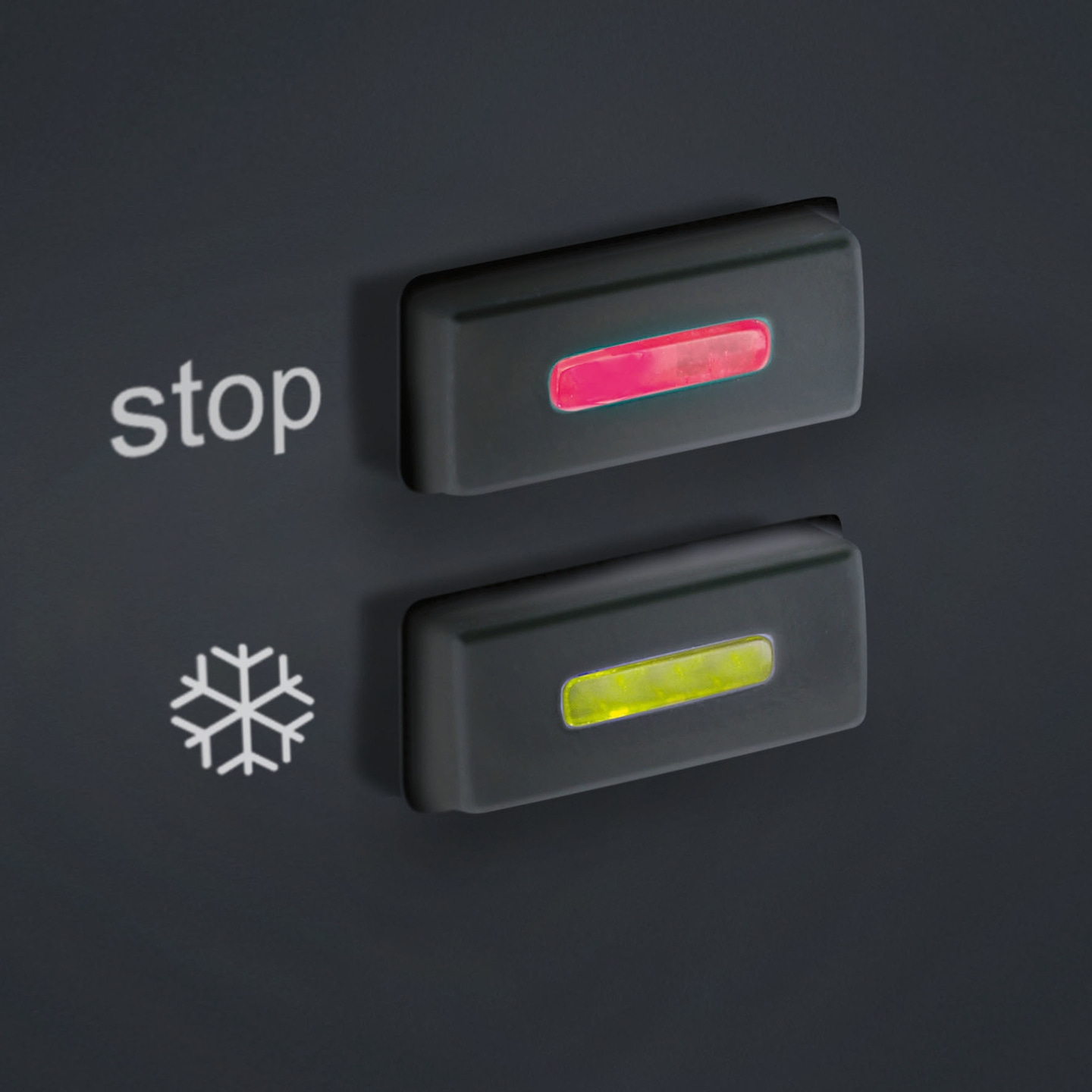 Schwarzes Bedienfeld mit zwei beleuchteten Knöpfen und einem Schneeflockensymbol.