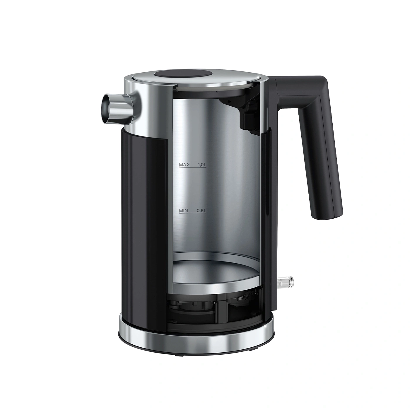 Cross-section of a black and silver kettle with handle and spout, showing interior