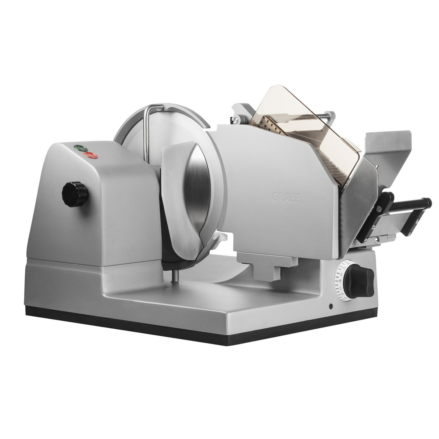 Graef Allesschneider, silberfarben, mit Schneidmesser und Bedienknöpfen, Nahaufnahme