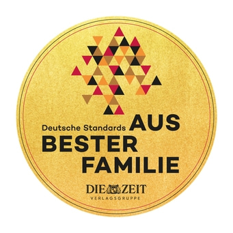 Goldenes Siegel mit Text 'Beste Familie' und Logo der 'Die Zeit' Verlagsgruppe.