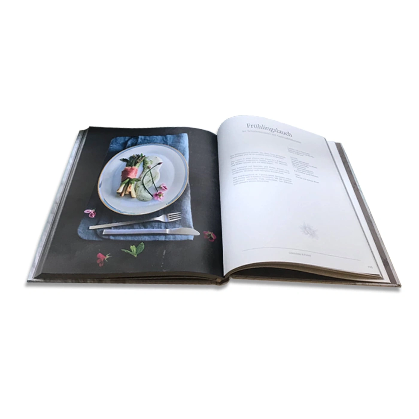 Cookbook with spring onion recipe and plate with food on it