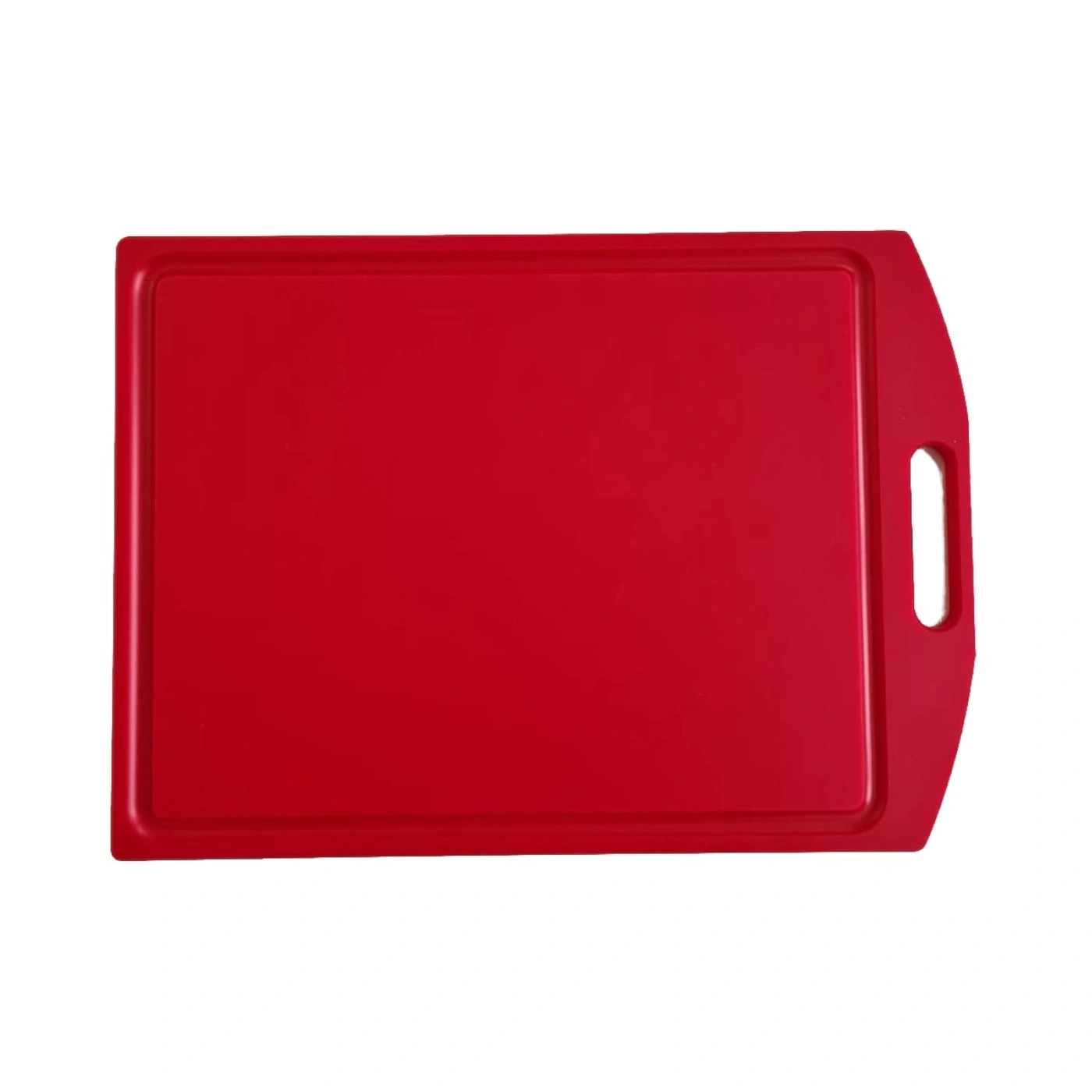 Red rectangular cutting board with handle, kitchen tool for cooking and food preparation