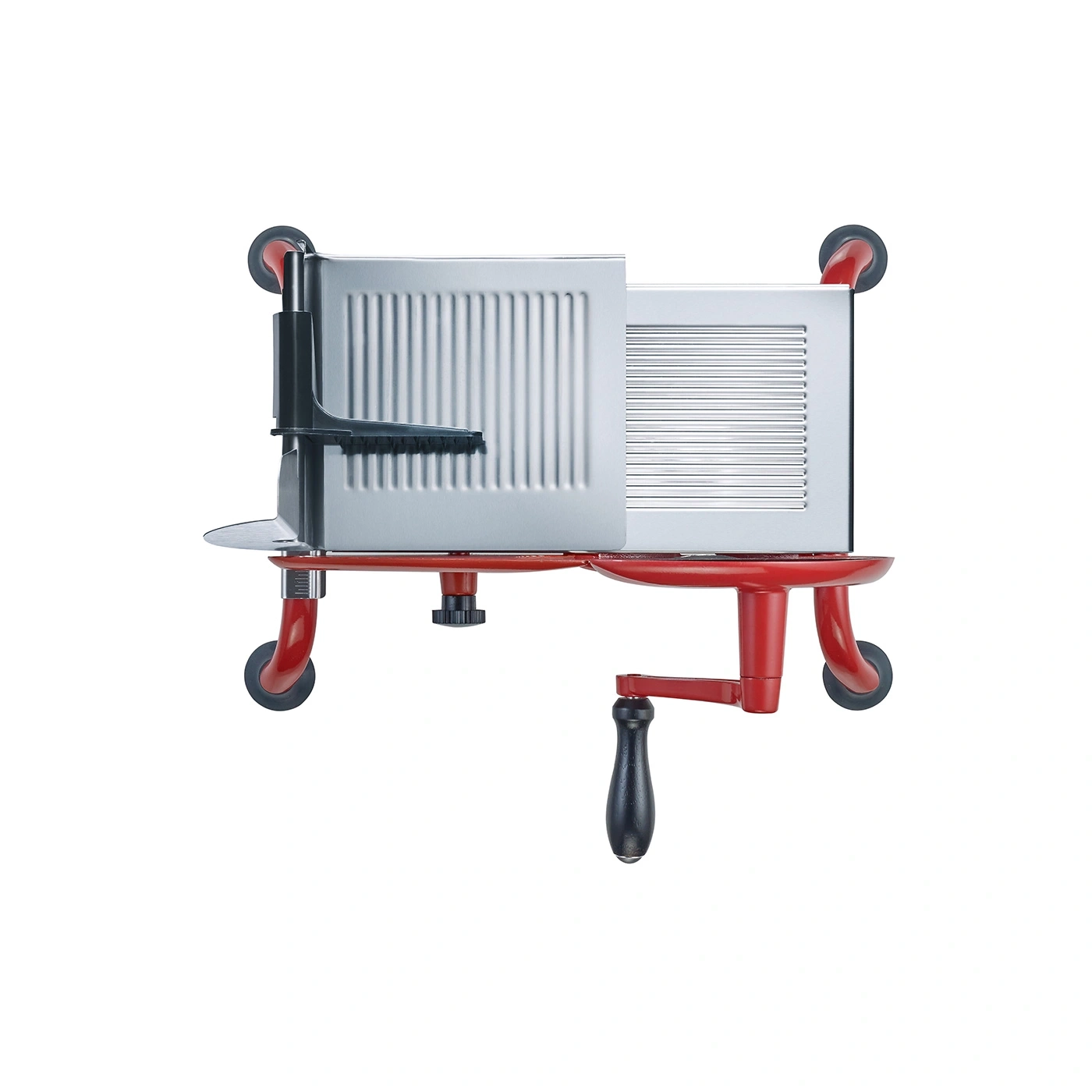 A red and silver electric meat slicer with a crank handle.