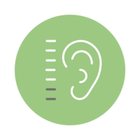 Ohr-Symbol mit Messskala auf grünem Hintergrund, für Hörtests und Messungen.