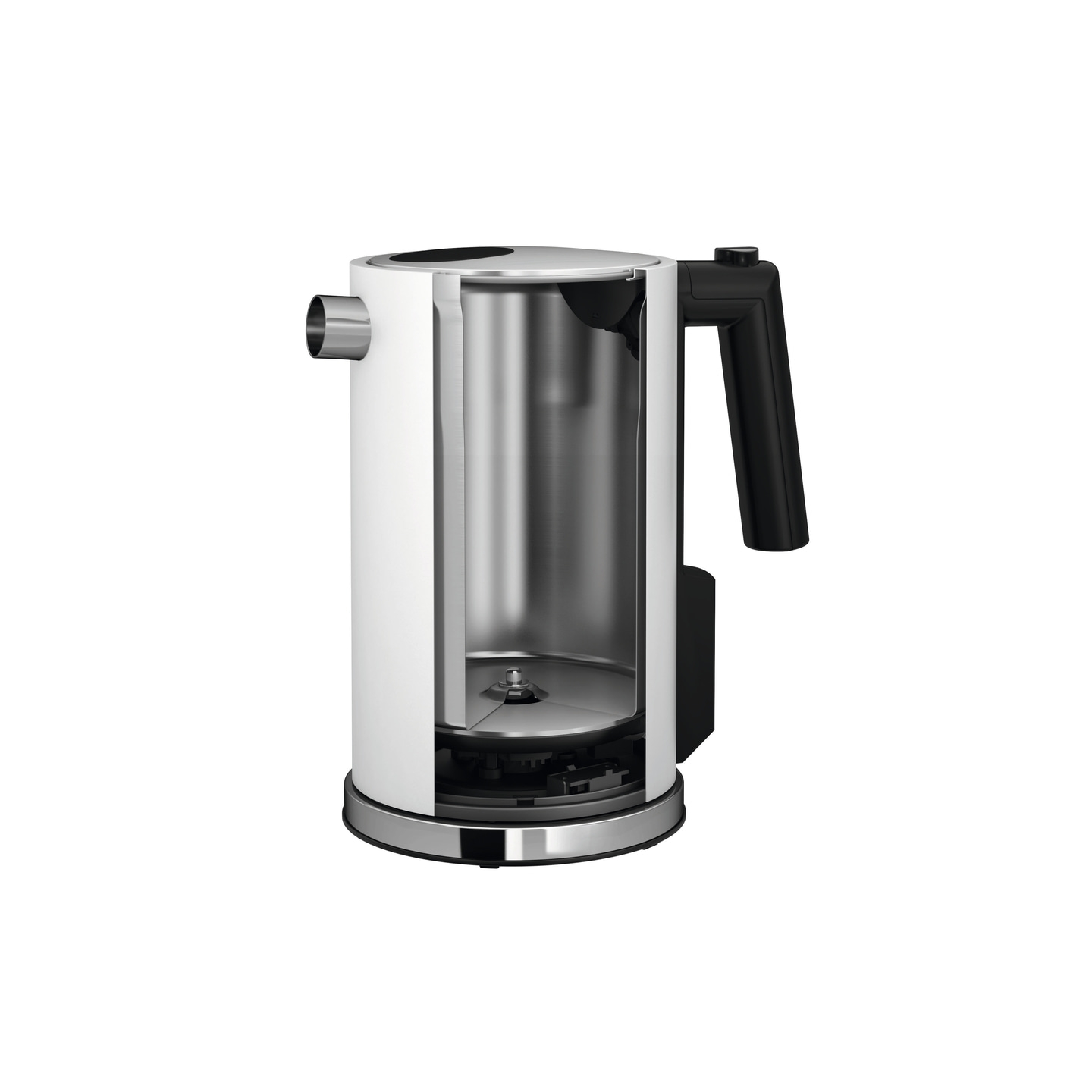 Weißer Wasserkocher mit Schnittansicht, Innenleben sichtbar, Griff und Ausguss