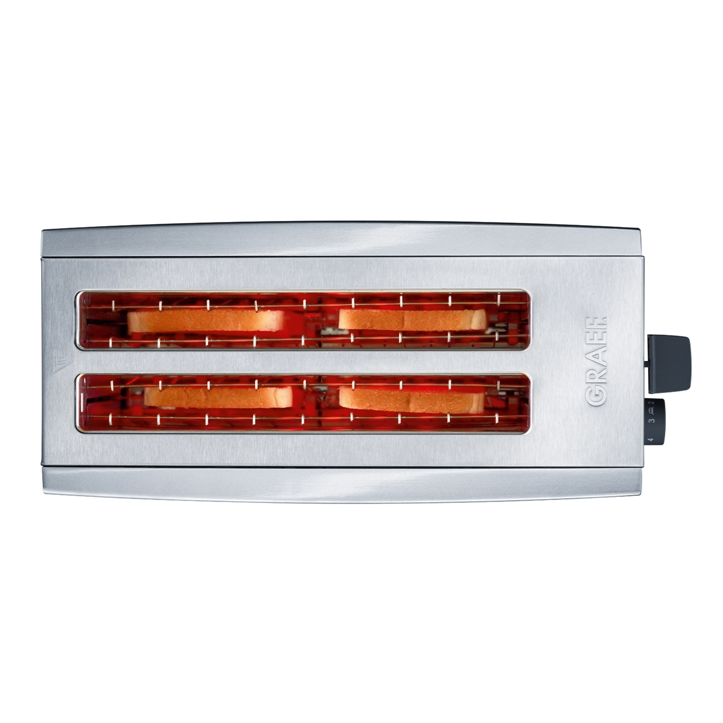 Ein silberner Toaster mit Toastscheiben, die gerade geröstet werden.