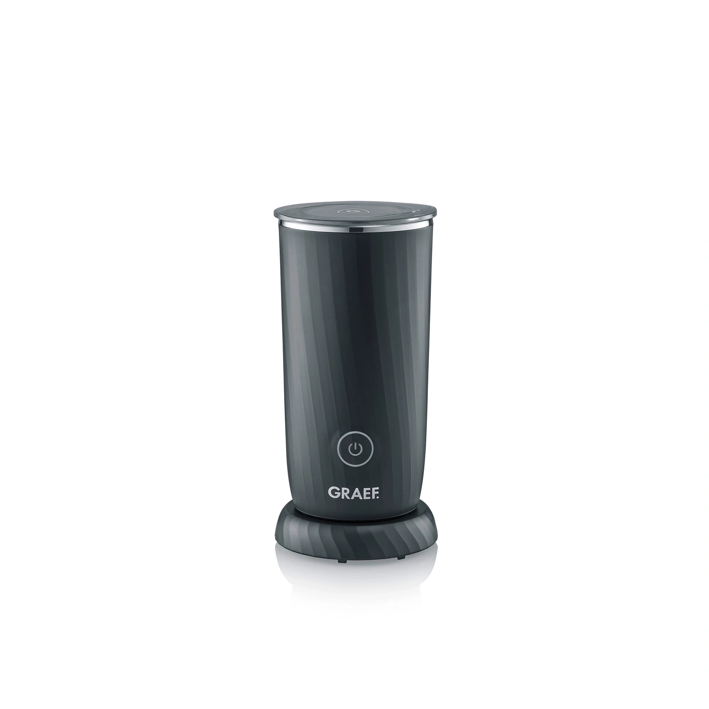 Dark gray electric milk frother with GRAEF logo and on/off switch.
