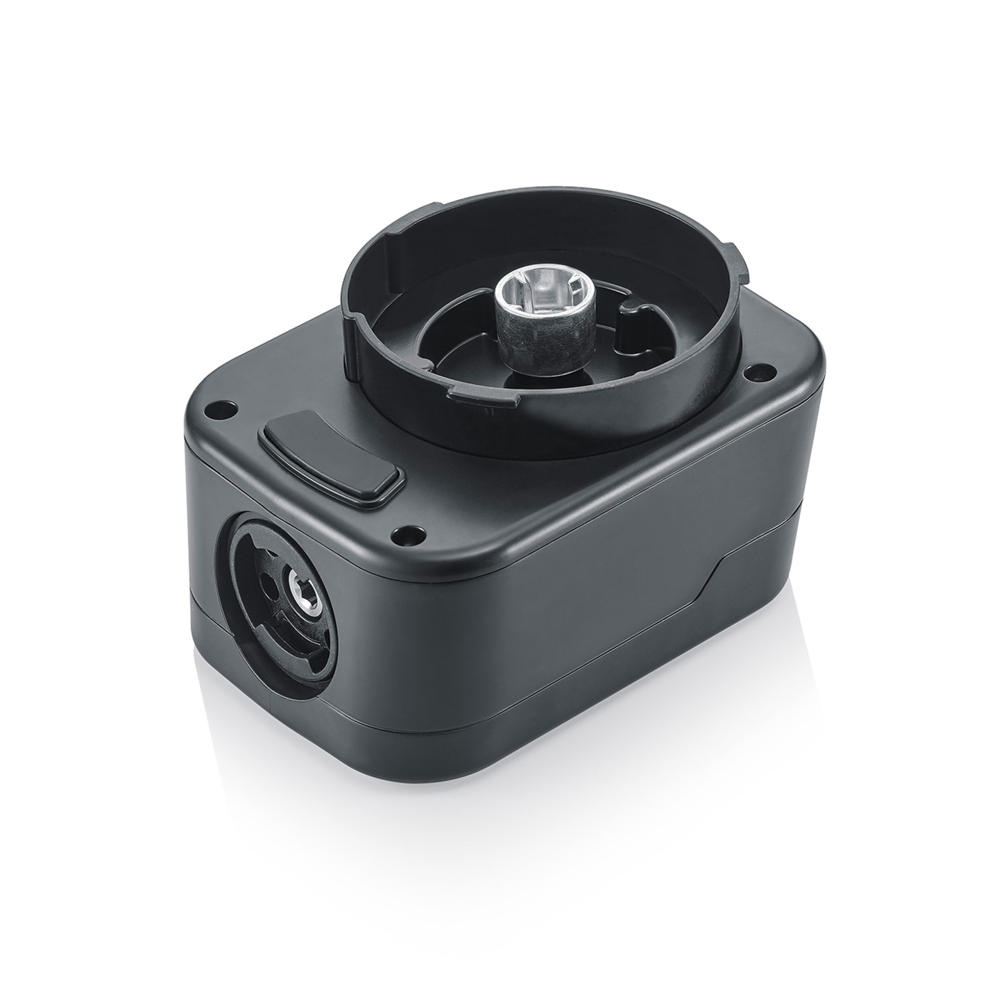 Schwarzes Kunststoffteil mit zylindrischer Öffnung und Schraube