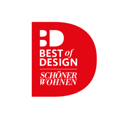 Rotes Logo mit weißem Text: BD BEST of DESIGN SCHÖNER WOHNEN