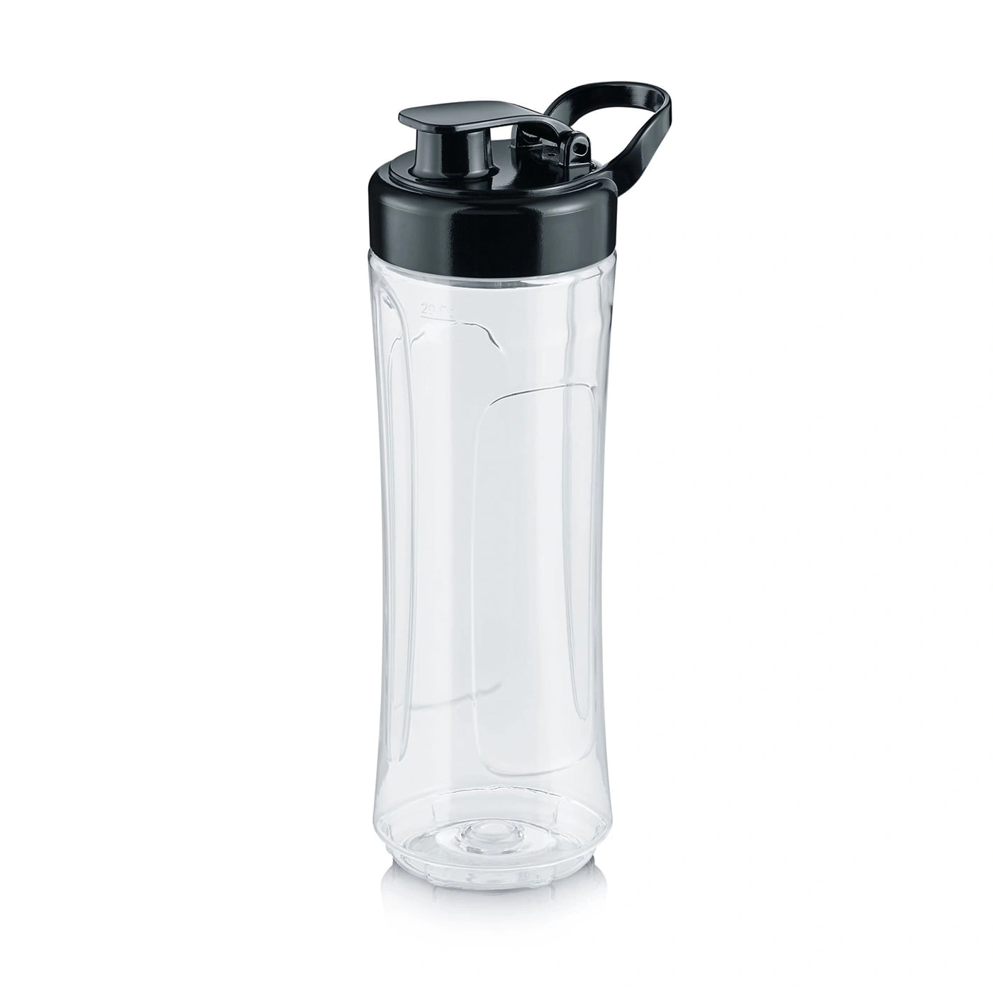 Clear water bottle with black lid and handle, isolated on white background