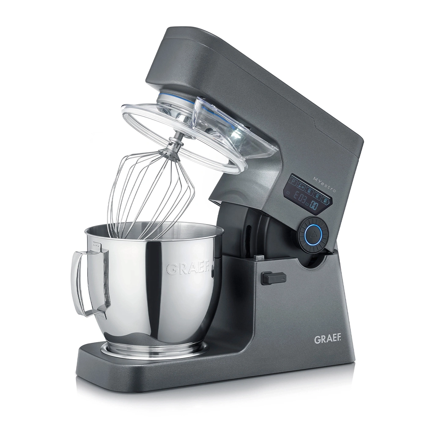 Graue Küchenmaschine mit Rührbesen und Schüssel, Marke Graef, Myestro