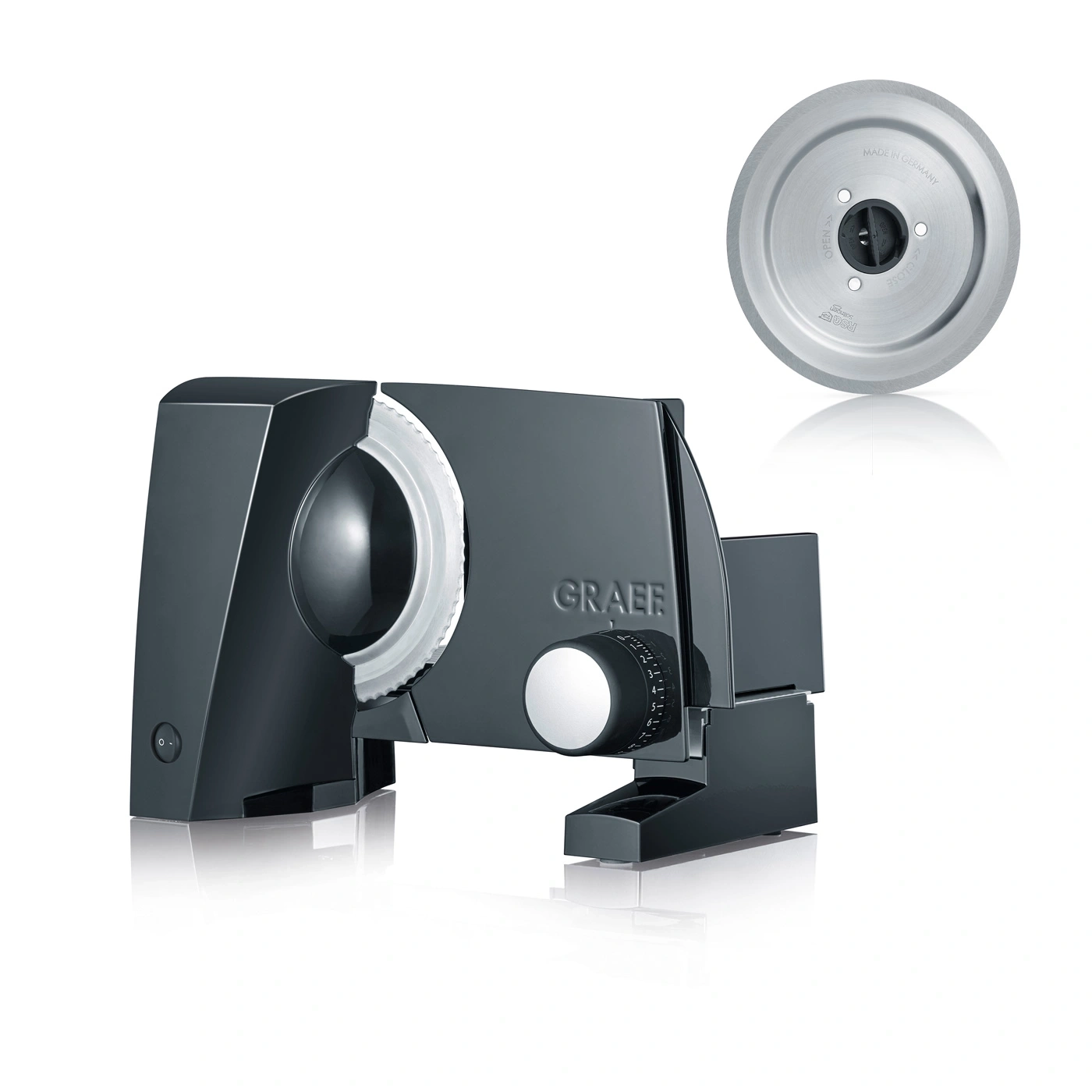 Graef slicer with removable blade and thickness adjustment dial for precision cuts.