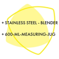 Edelstahl-Blender und 600-ml-Messbecher auf gelbem Hintergrund