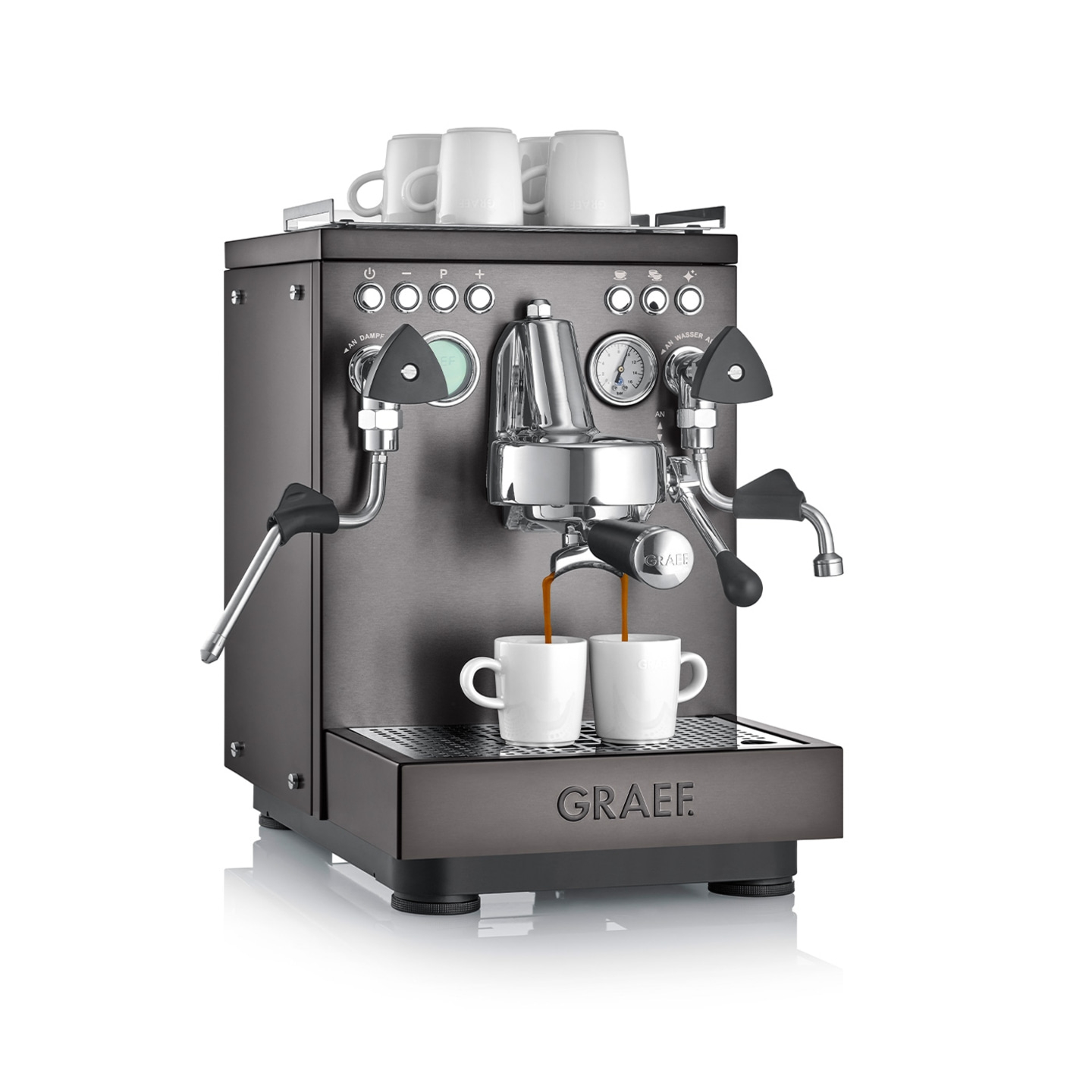 Espressomaschine, zwei Tassen, Kaffee, Graef, Edelstahl, Getränk, Zubereitung