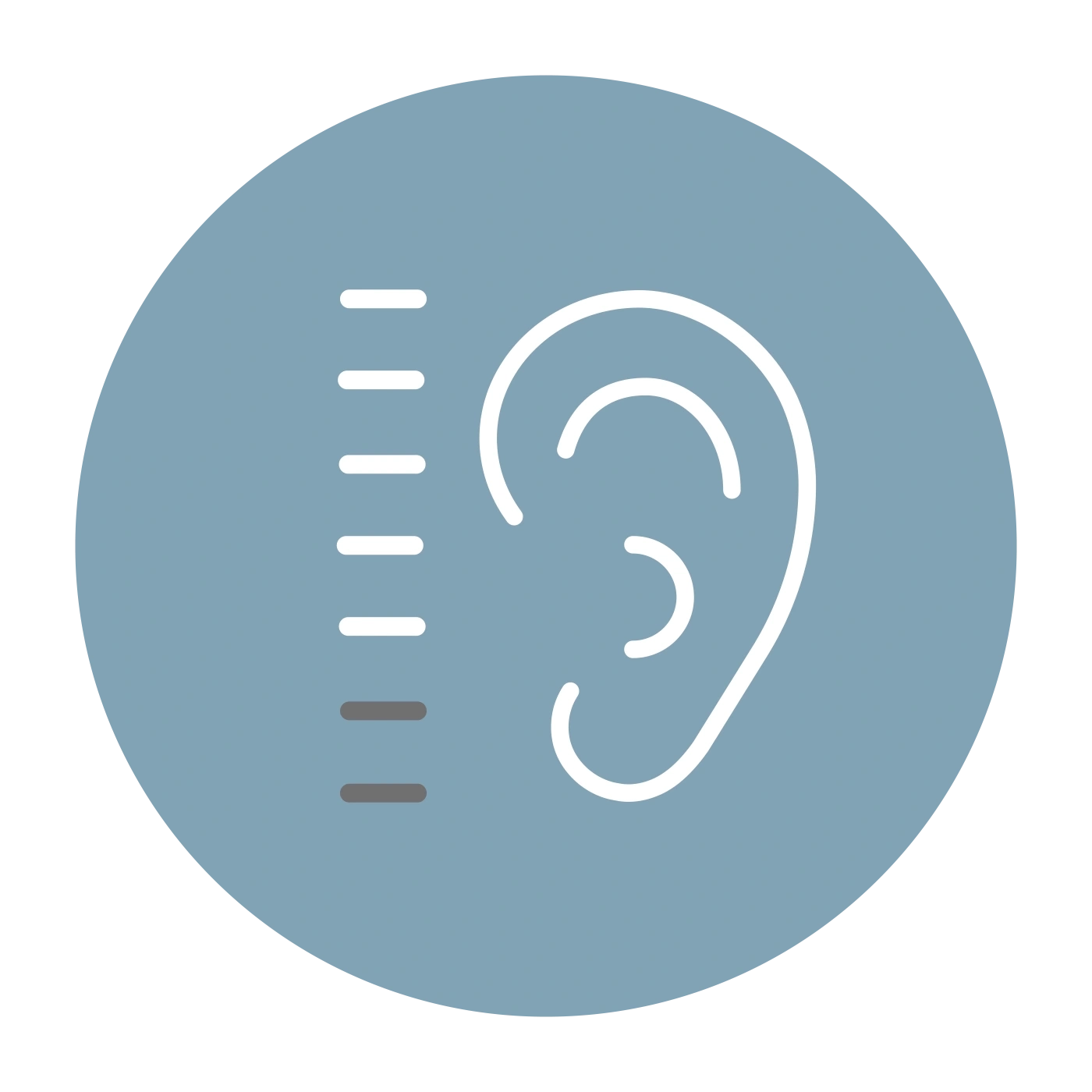 Ear symbol with measurement scale in a blue circle on black background