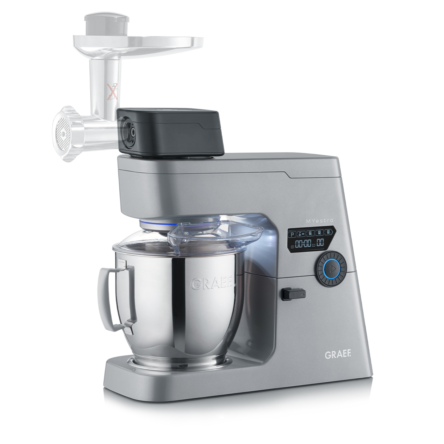 Graef Küchenmaschine mit Fleischwolf-Aufsatz, silberfarben, Edelstahl-Schüssel