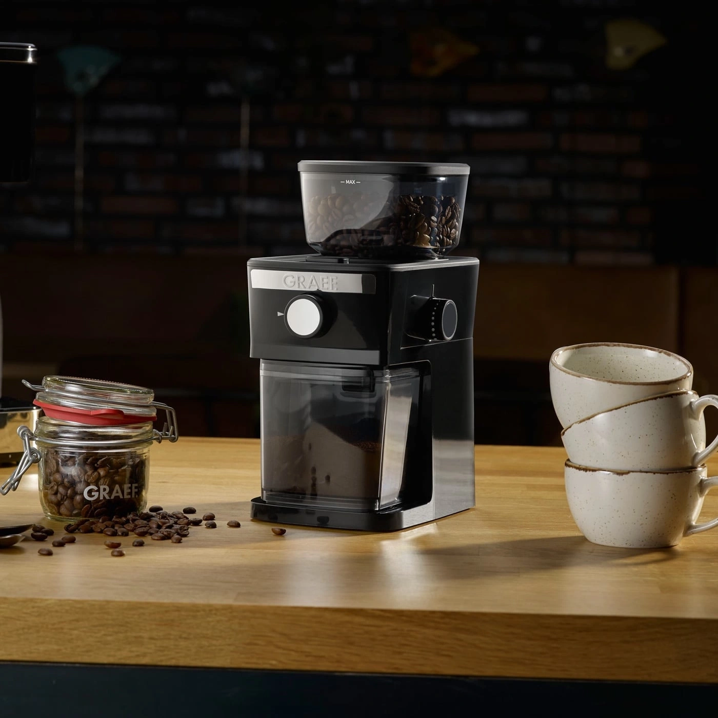Coffee grinder, coffee beans, cups, wooden surface, GRAEF, kitchen, coffee preparation