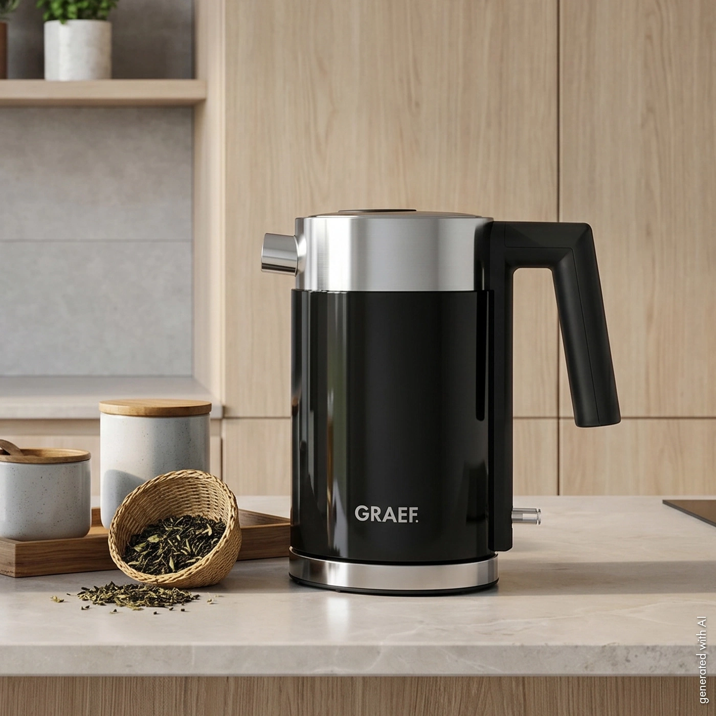 Black GRAEF kettle with silver lid and handle, next to tea leaves.