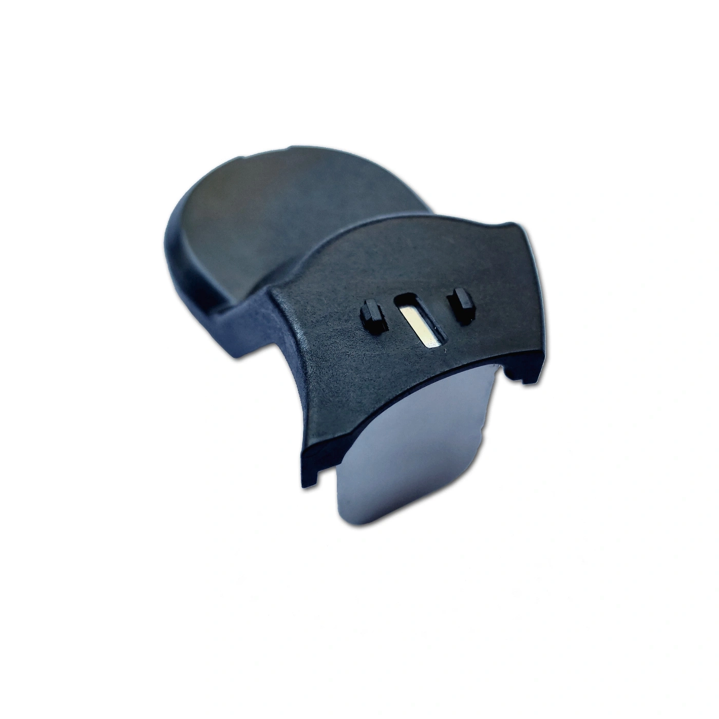Black plastic part with holes and a curved shape on a white background