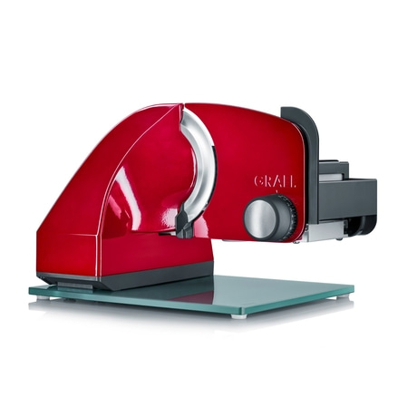 Roter Allesschneider mit Glasplatte, GRAEF-Logo, Küchengerät, Nahaufnahme
