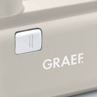 Graef-Gerät mit Play-Taste und Logo. Beige Farbe, Detailaufnahme.
