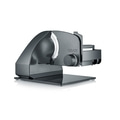 Graef electric slicer, gray, with cutting blade and control knobs, on a glass base