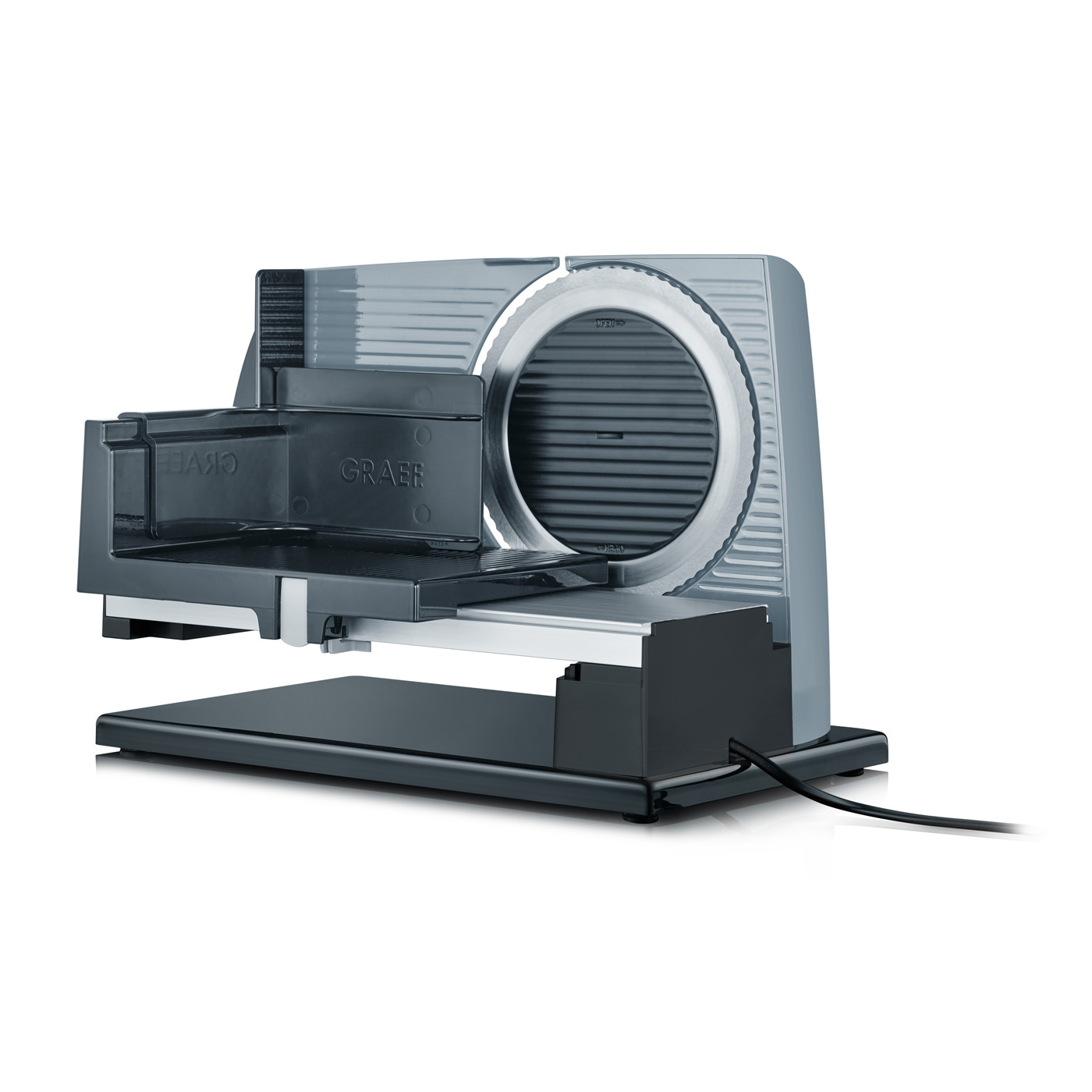 Graef slicer with silver blade and black carriage.