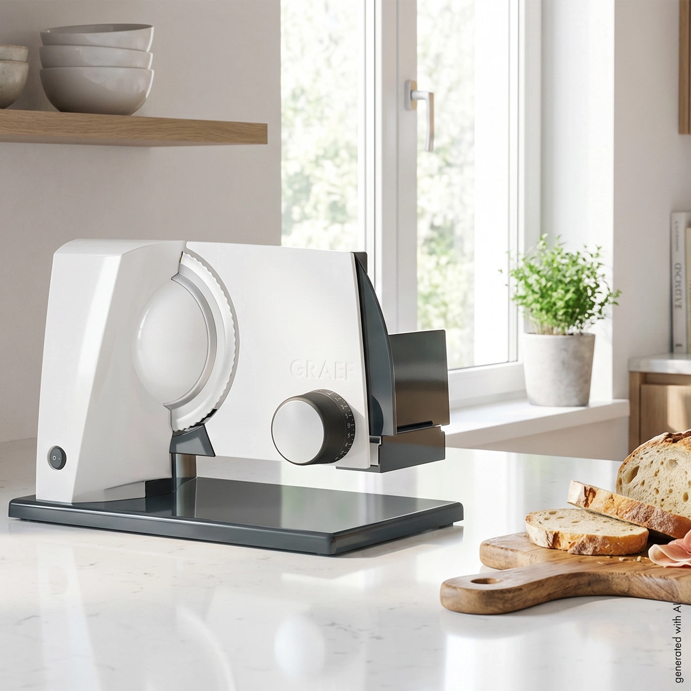 A white Graef food slicer on a countertop with bread slices and ham.