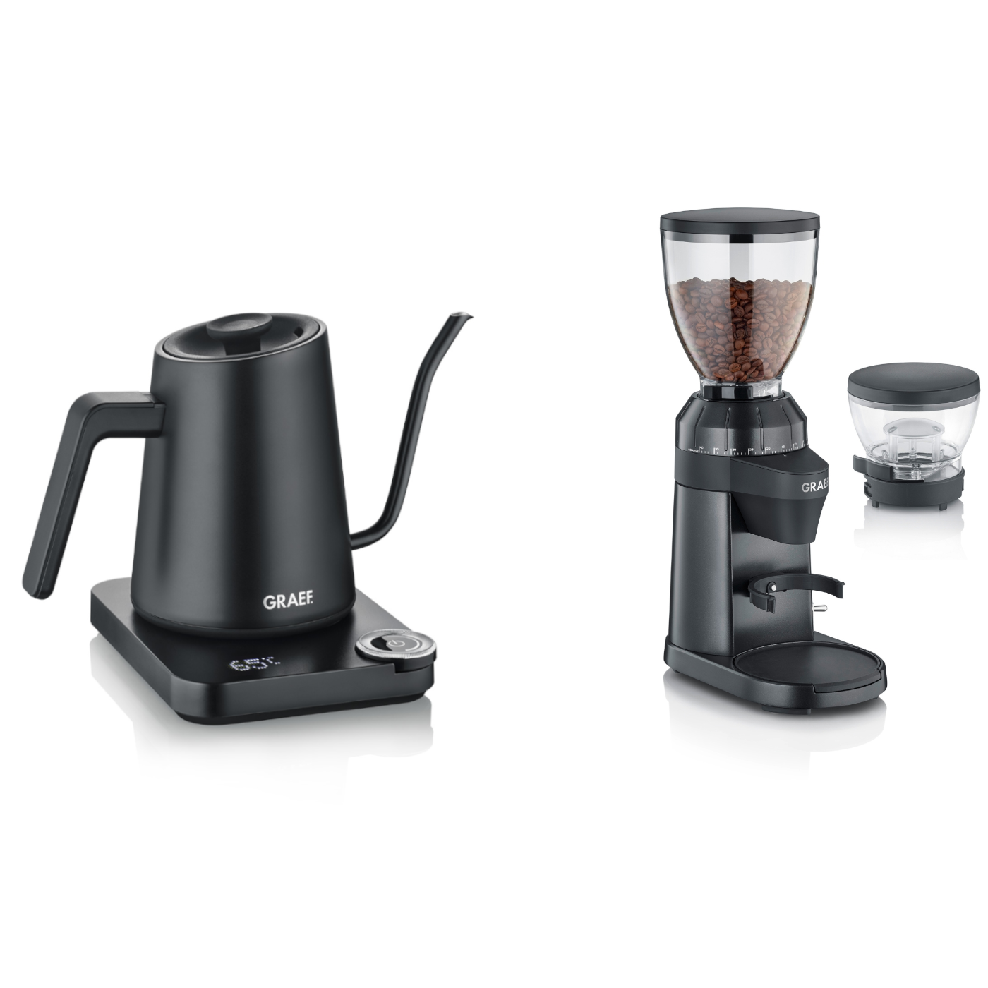 Schwarzer Wasserkocher und Kaffeemühle auf weißem Hintergrund. GRAEF.