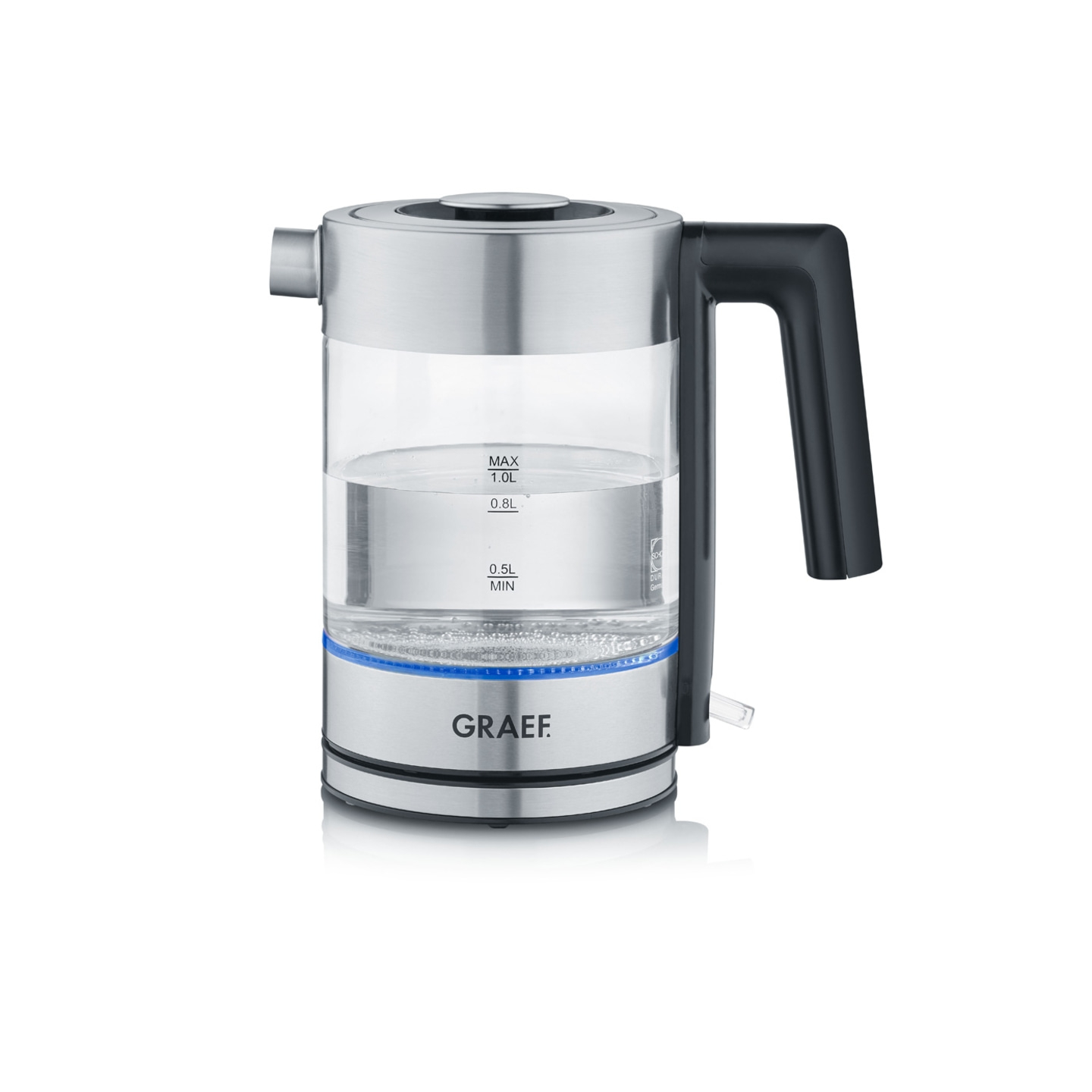 Elektrischer Wasserkocher aus Glas und Edelstahl mit Griff und GRAEF-Logo
