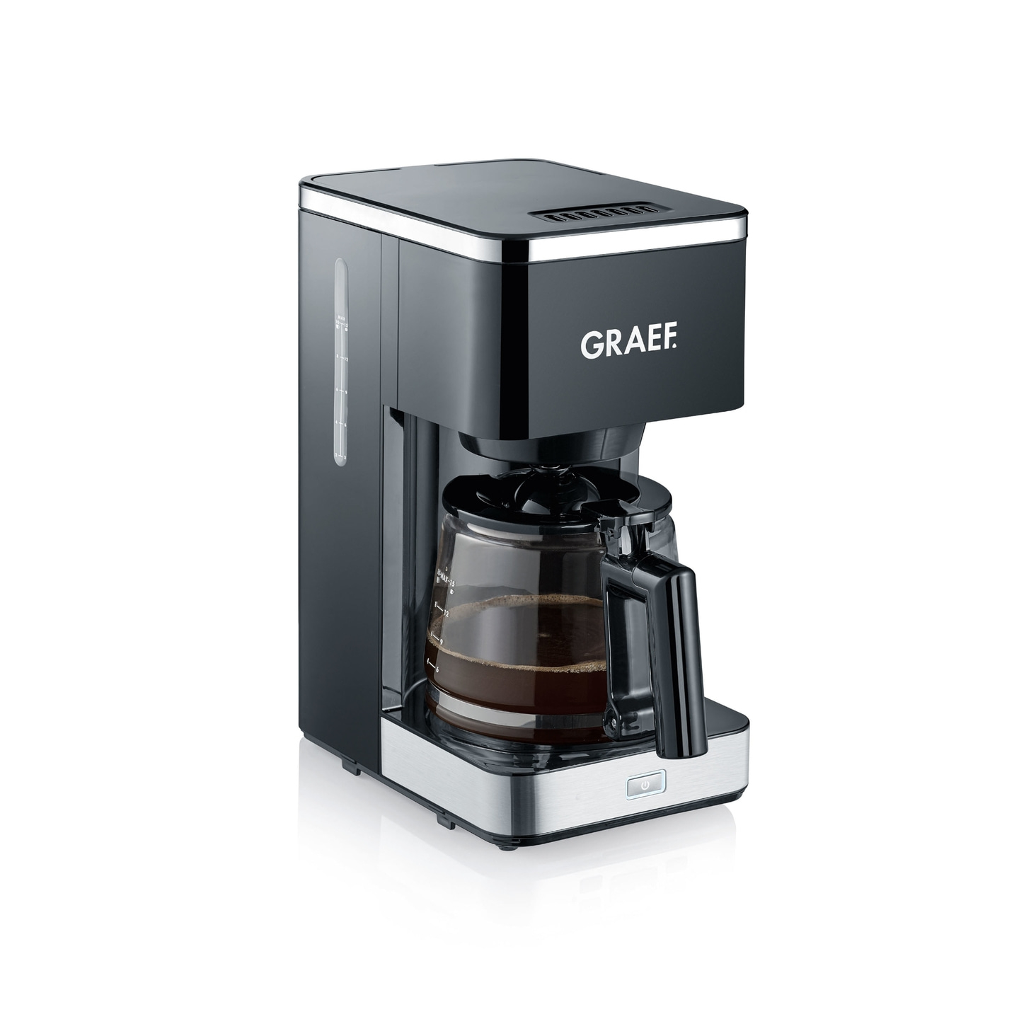 Schwarze Kaffeemaschine mit Glaskanne und GRAEF-Logo auf weißem Hintergrund.