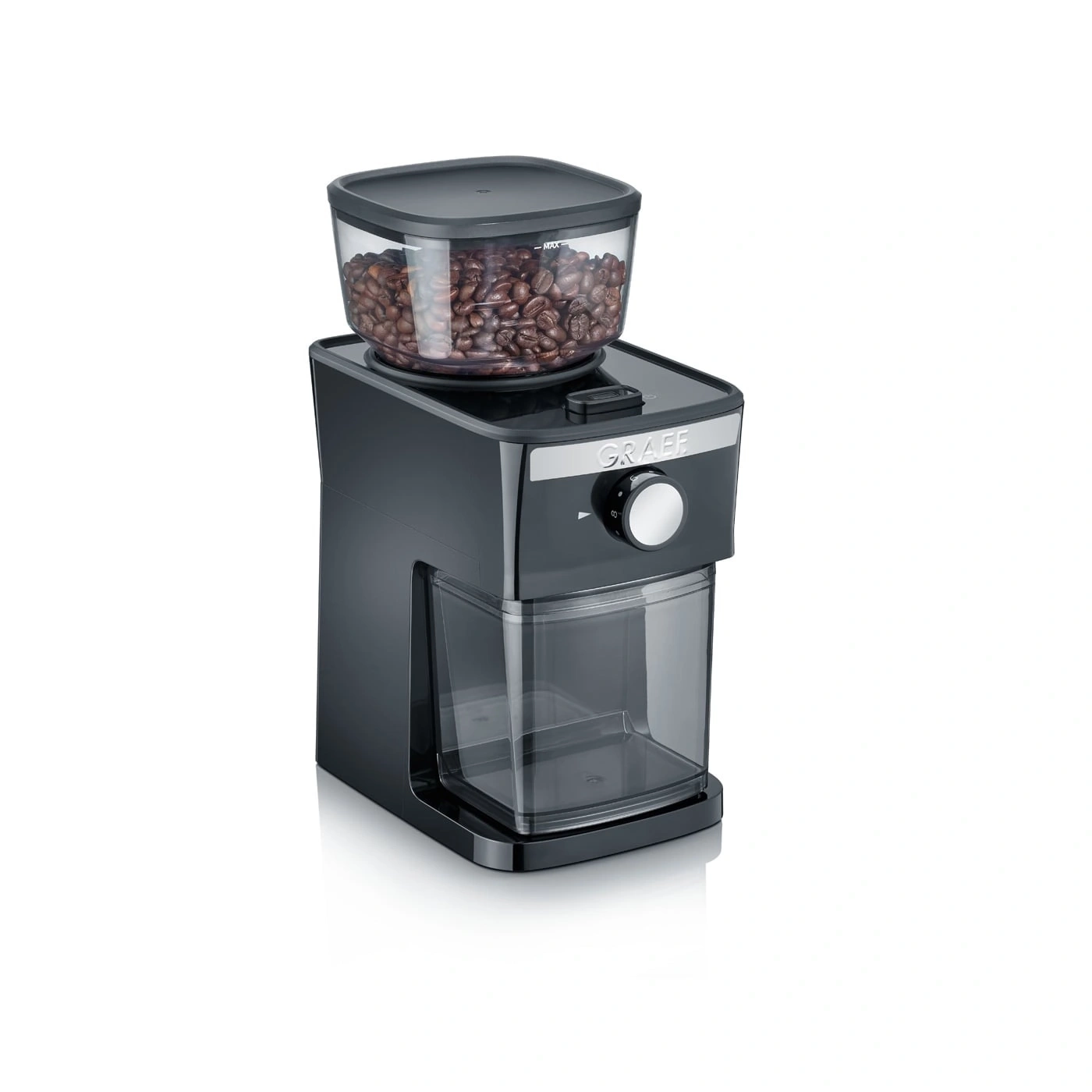 Coffee grinder with bean container and grind size setting, black