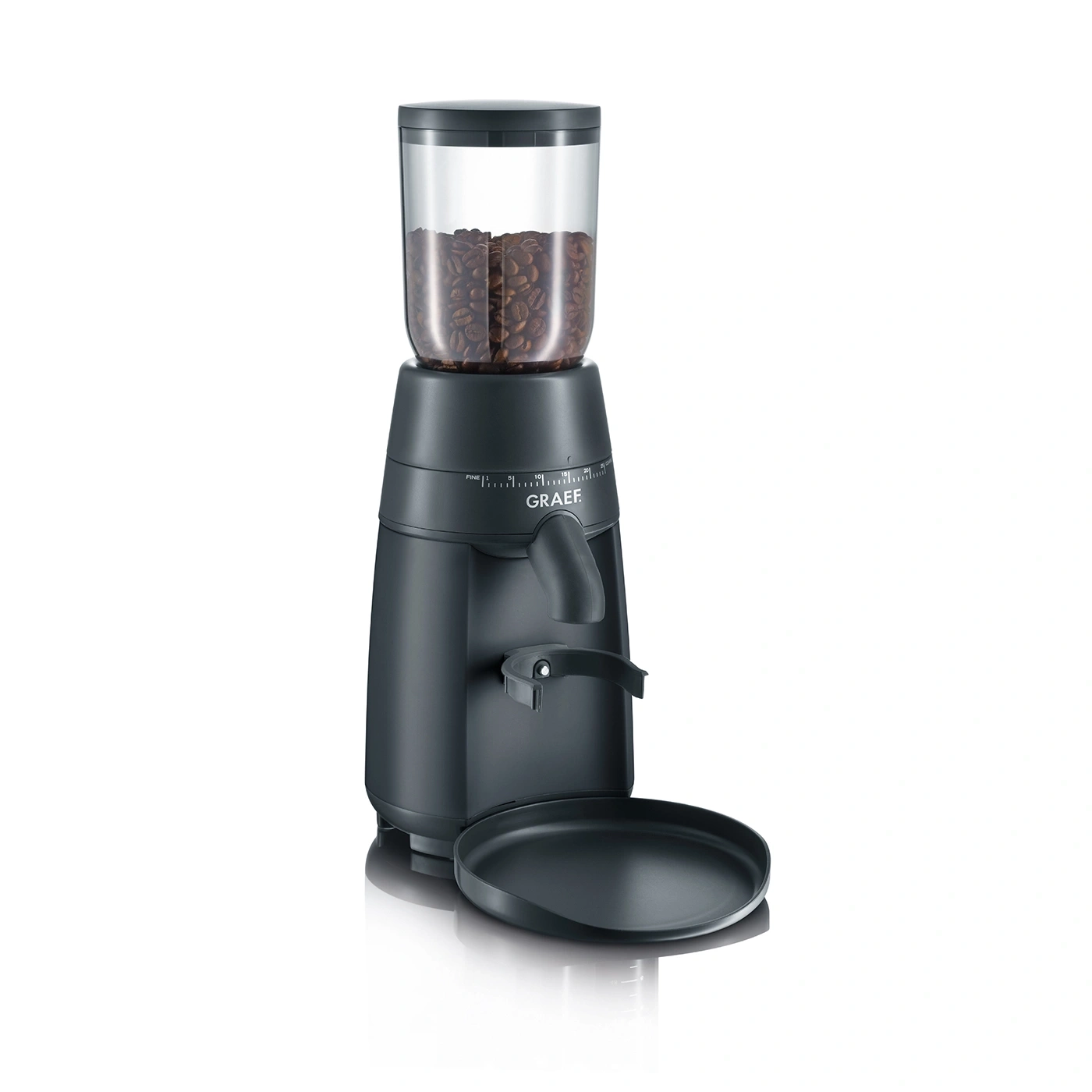 Black coffee grinder with bean container, adjustable grind, GRAEF logo, tray