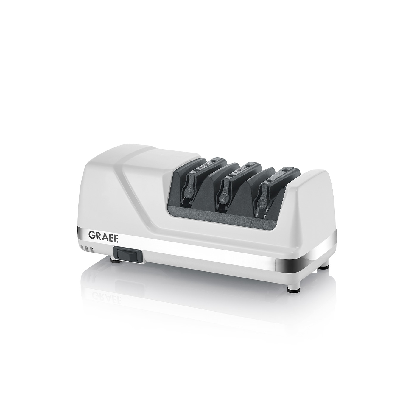 Weißes elektrisches Messerschärfgerät mit drei Schärfpositionen und GRAEF-Logo.