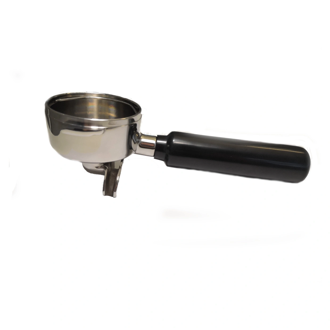 A polished portafilter for an espresso machine with a black handle.