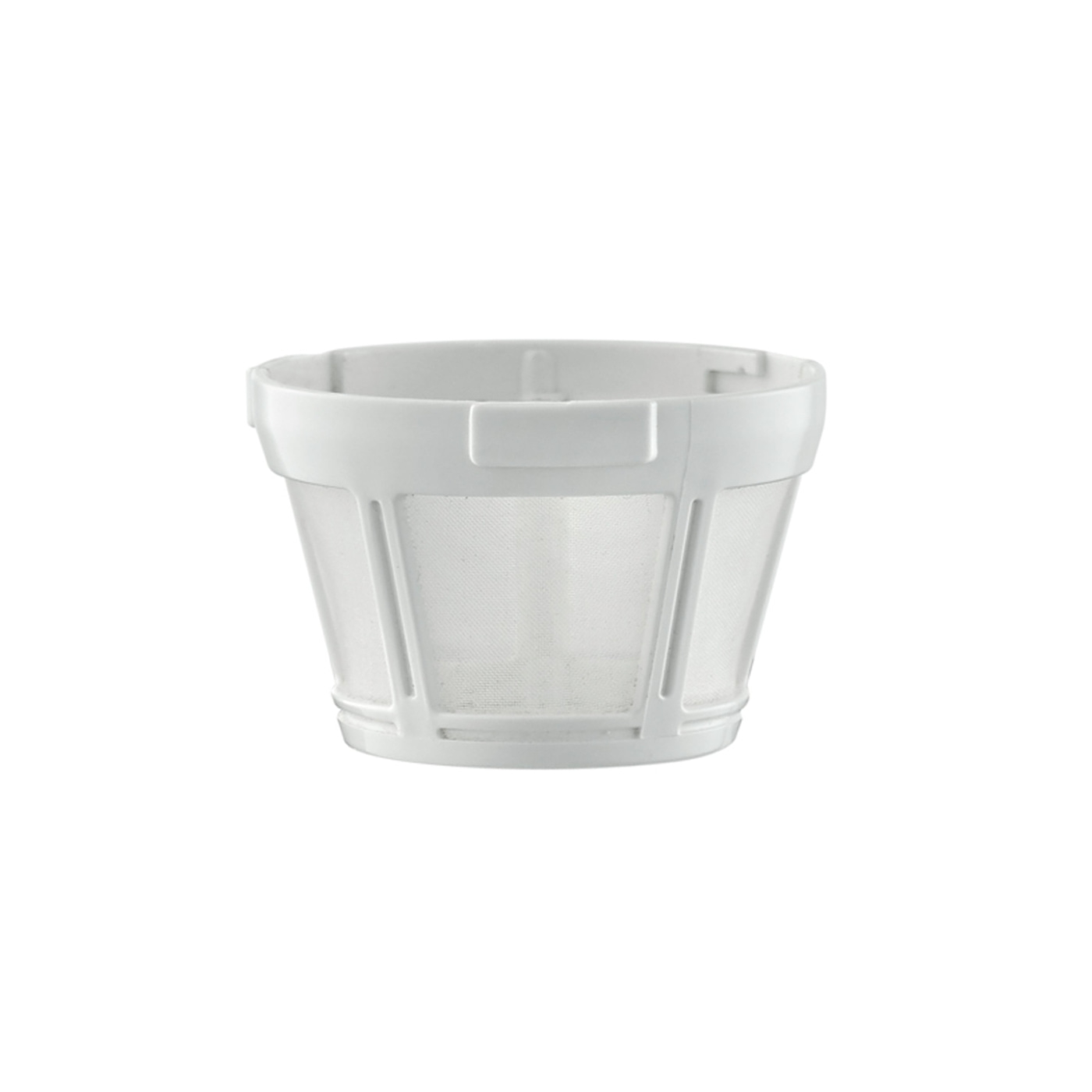 Weißer Kaffeefilter, der in einem Studio vor weißem Hintergrund fotografiert wurde.