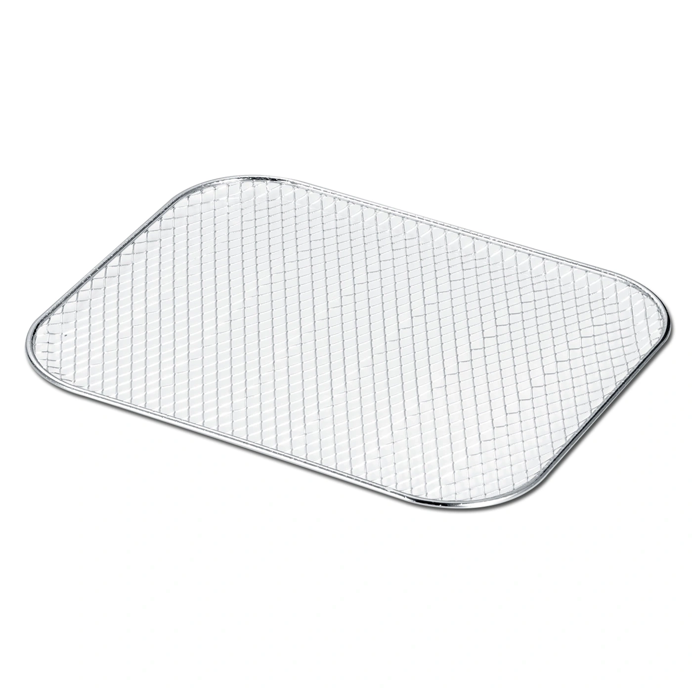 Metal oven rack, rectangular with rounded corners, isolated on white background