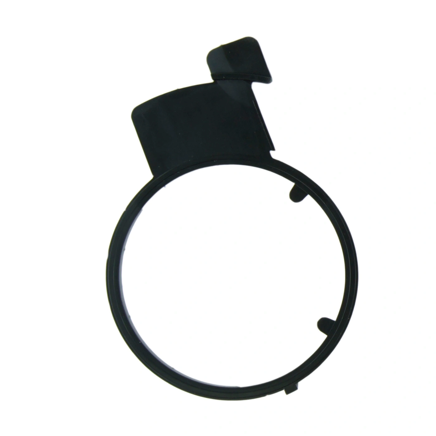 Black plastic ring with a protrusion and two cutouts, isolated on white.