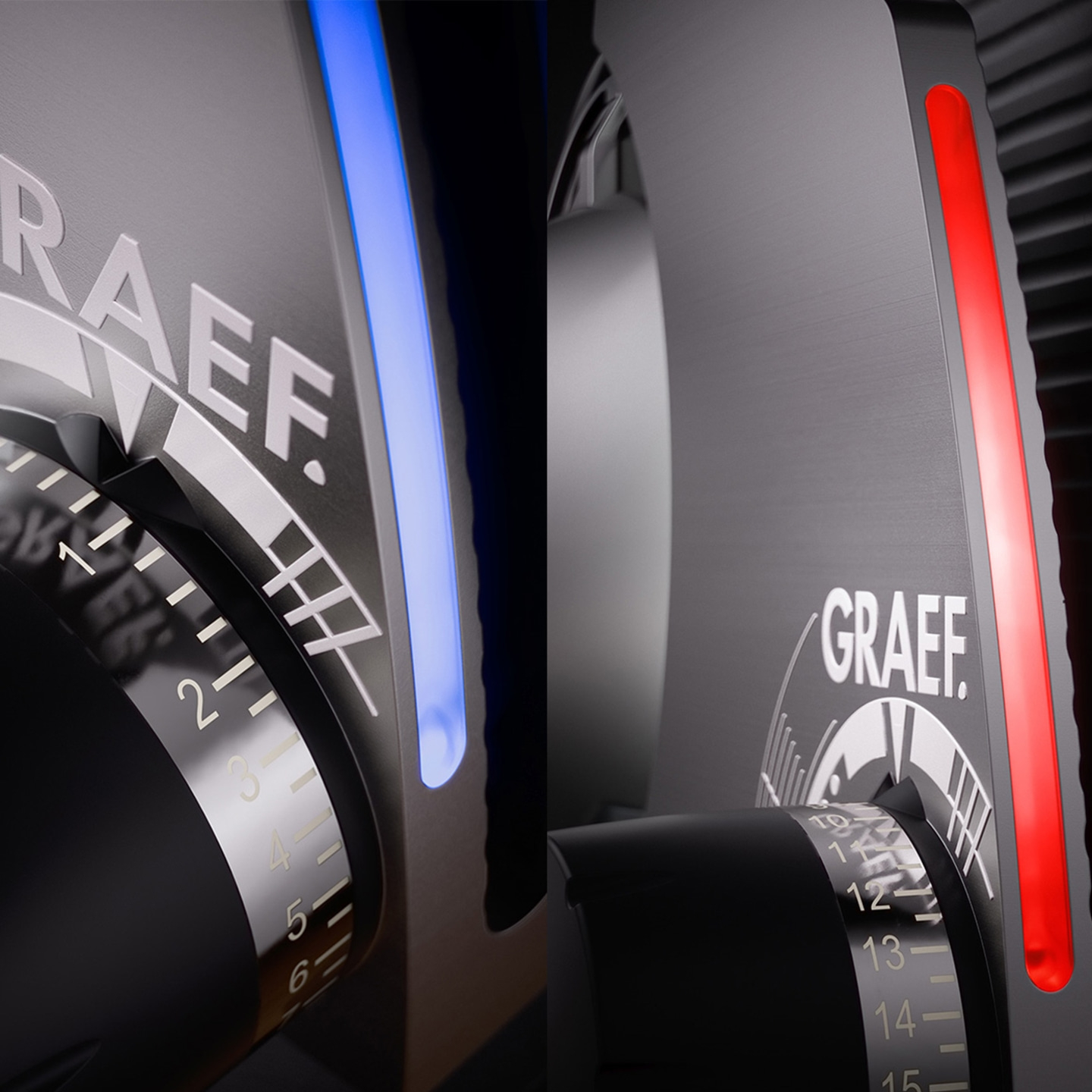 Graef coffee grinder, blue and red light, detail shot, close-up, modern design